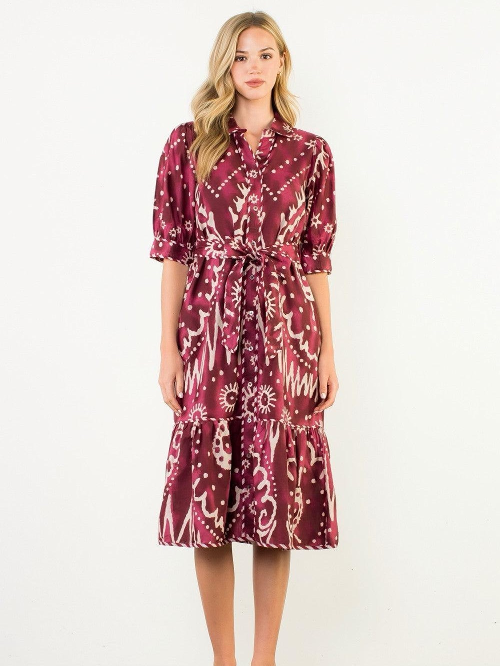 THML Georgia Midi Dress, ikat print with tie waist.